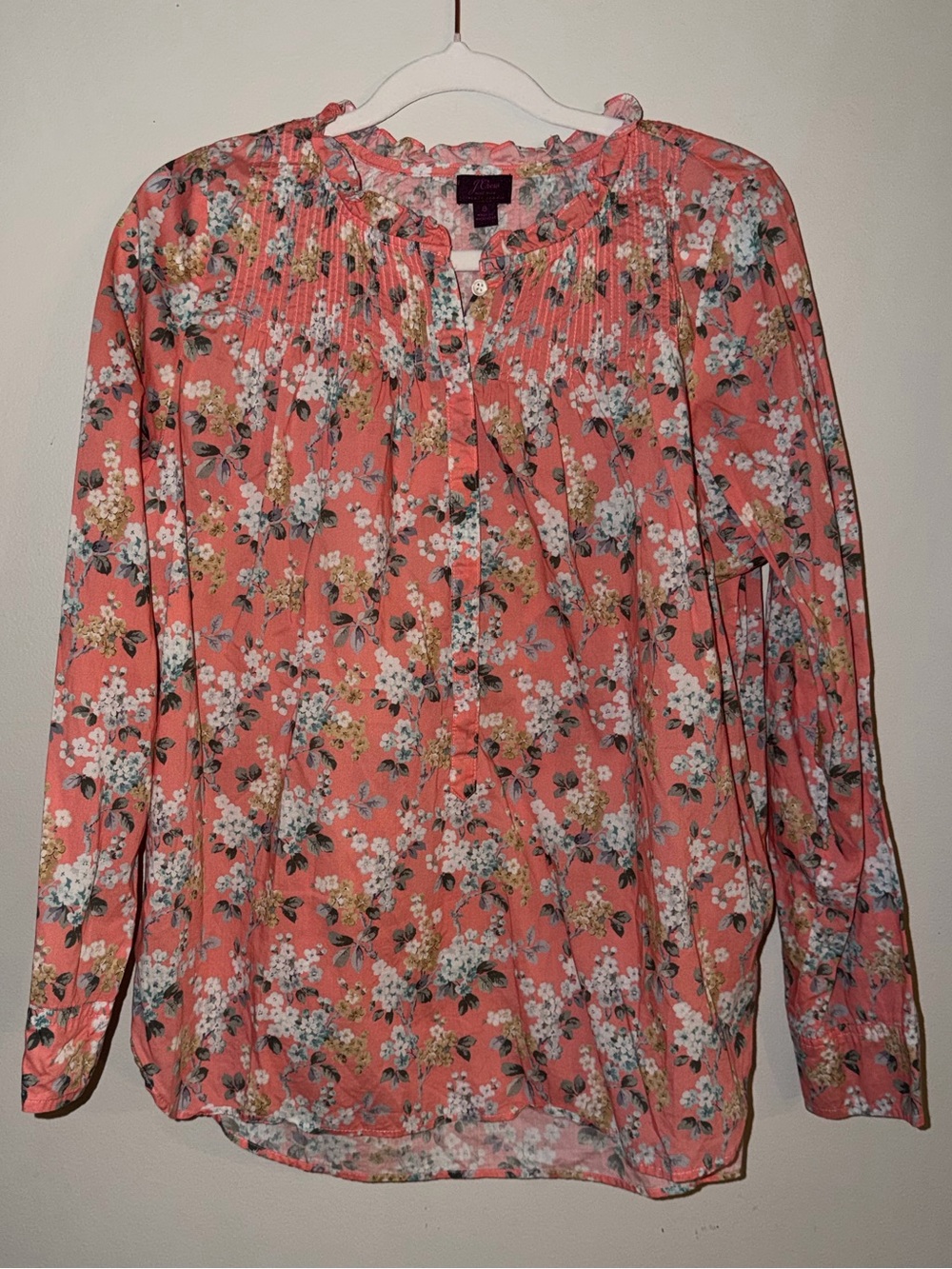 J.Crew Coral Floral Pintuck Ruffle Blouse – Size 8